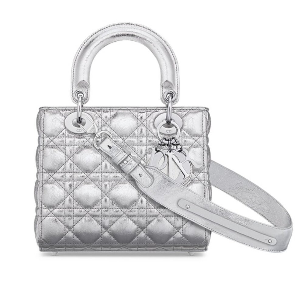 Small Dior Or Lady Dior My ABCDior Bag Metallic Silver Crinkled Cannage Calfskin